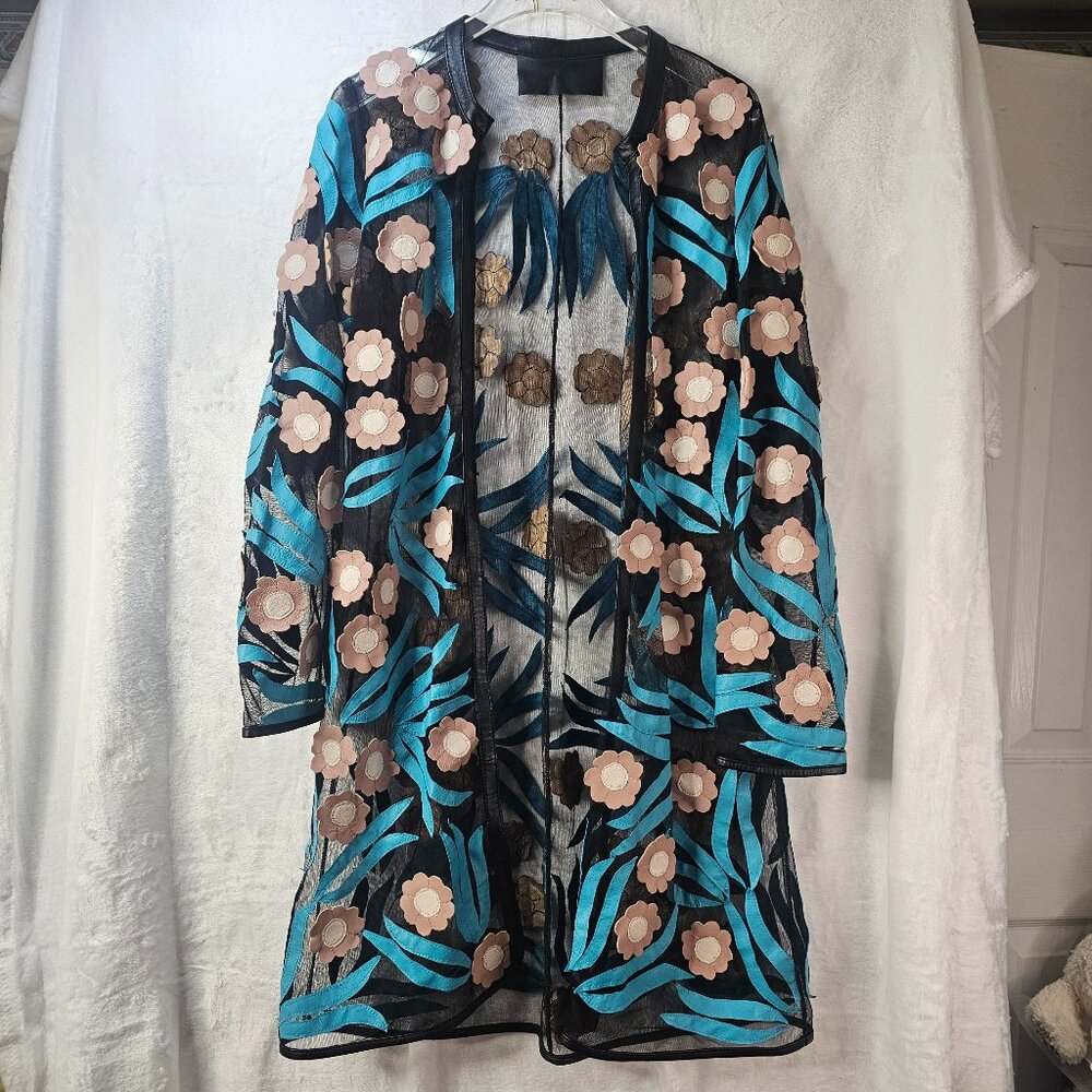 Flower Design Handmade Leather Jacket Women Patchwork Black Tulle Size M